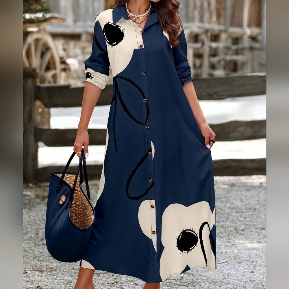 Women Long Sleeve Button Front Printed Mid-Length Casual Dress, Rand - Picture 4 of 4